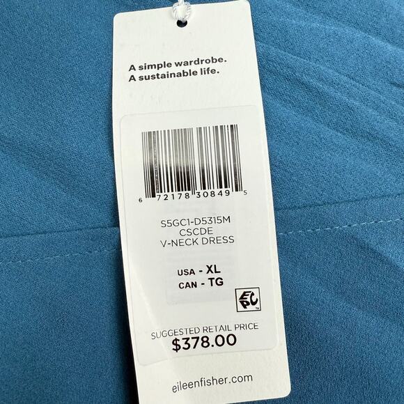 Eileen Fisher Women's 100% Silk V-Neck Relaxed Kaftan Dress Blue Size XL NWT - Picture 8 of 13